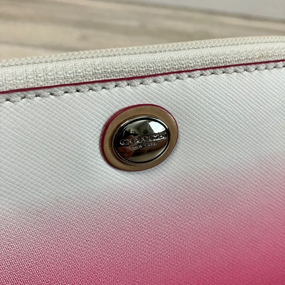 COACH Ombre Saffiano Leather Wristlet Zip Around Wallet Pink White Gradient